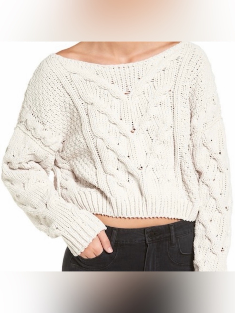 Free People Cream Cable Knit Chenille Sweater Boxy Scoop Neck Thick Fisherman Lg